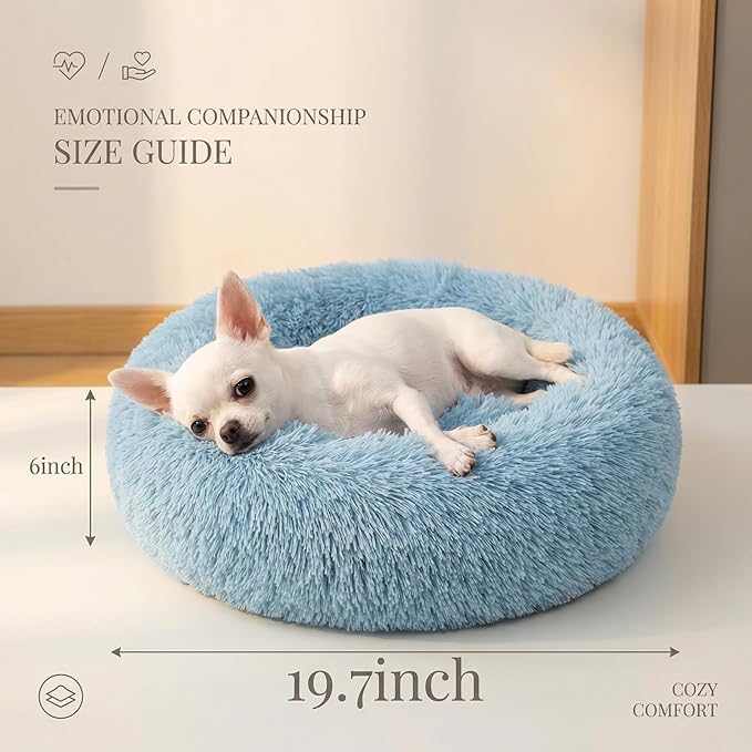 Calming Donut Dogs Beds for Small Dogs Washable,19inch Fluffy Round Puppy Bed for Puppies,Cats & Toy Breeds with Raised Rim,Fits up to 15 lbs Pets,Washed Blue