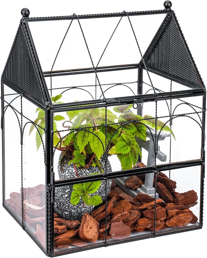 NCYP Glass Jumping Spiders Enclosure with Vent Holes - 7.5" x 4.9" x 9" Vented Glass Terrarium for Small Spider, Mantis, Small Beetle, House Shape, Tabletop Decor, Black (Terrarium Only)