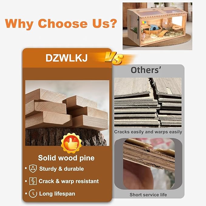 Wooden Hamster Cage,48" Lx20 Wx20 H Large Hamster Cage,2 Washable Liners & 2 Adjustable Ventilation Window. Small Animal Cage for Dwarf Syrian Hamsters Degus Mice & Other Small Pets.