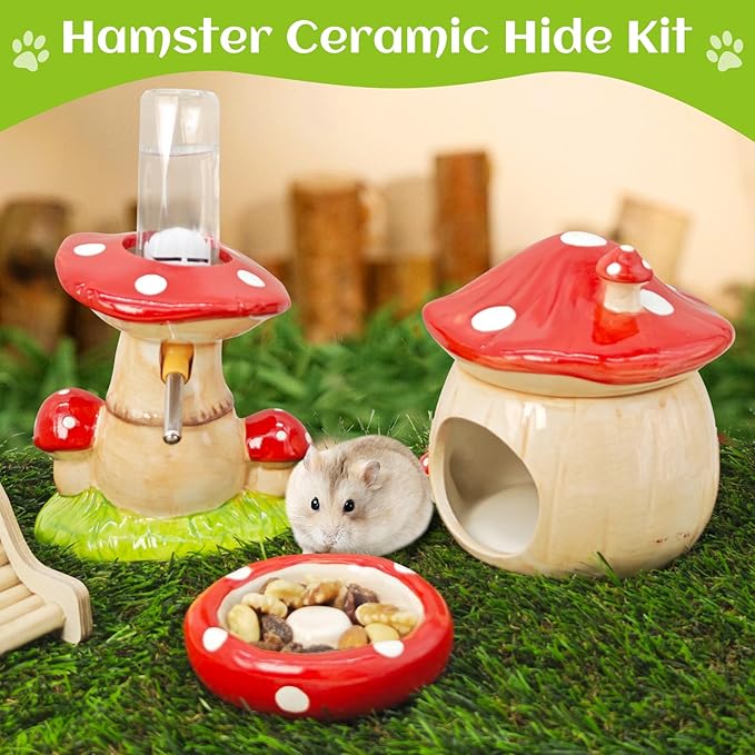 BNOSDM 3-in-1 Ceramic Hamster Hideout, Food Bowl, Water Bottle with Stand - Mushroom Shape - Red