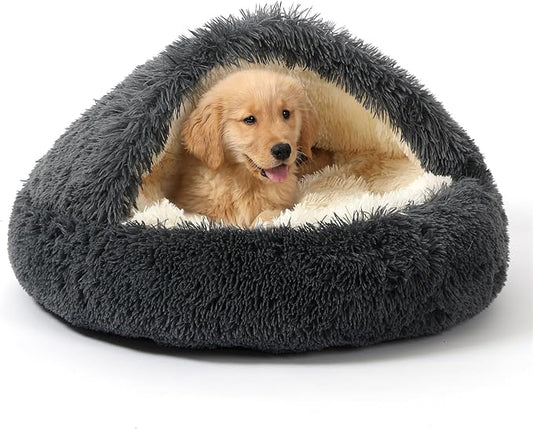NOYAL Round Hooded Donut Dog Bed for Small & Medium Pets - Plush Fluffy Anti-Anxiety Cat Cave Bed with Cover