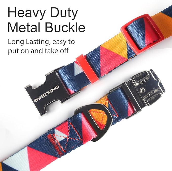 Everking Dog Leash and Collar Set with Metal Buckle, Suitable for Small Dogs Weighing 3-10kg,Memphis Geometric Pattern Design Style, Flexible Webbing, Nylon Handle, Adjustable (Flamingo, S)