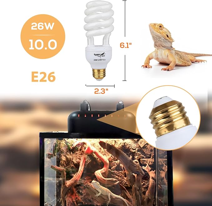 UVB Bulb for Reptiles, 10.0 26W UVB Light for Reptiles, Hygger zoo UVA UVB Reptile Light Bulb Reptile UVB Bulb UVB Light for Bearded Dragon Turtle Lizard Reptile Lamp Terrarium Lamp for Desert Reptile