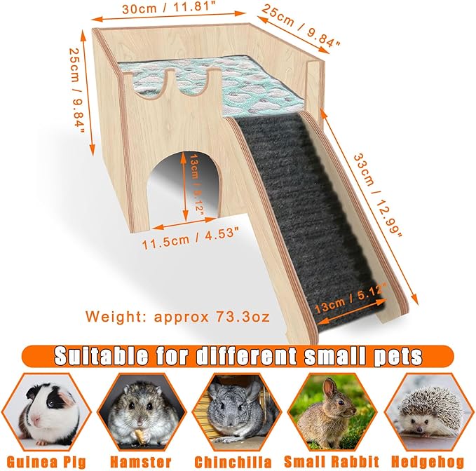 Guinea Pig Hideout Wood, Hamster Hideout Large, Rabbit Castle with Ramp, Bunny House for Cage, Chinchilla House Castle, Small Animal Hideout House, for Ferret Hedgehogs Playing Hiding Sleeping