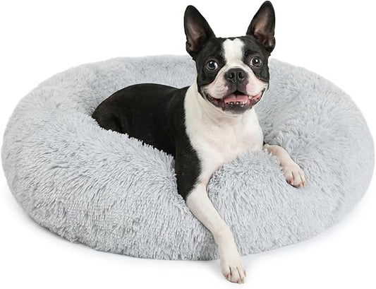 Calming Dog Bed for Medium Dogs Washable Donut 28 inches Anti-Slip Pet Bed,Round Fluffy Plush Faux Fur Cat Bed,Fits up to 40 lbs Pets,Frost Grey
