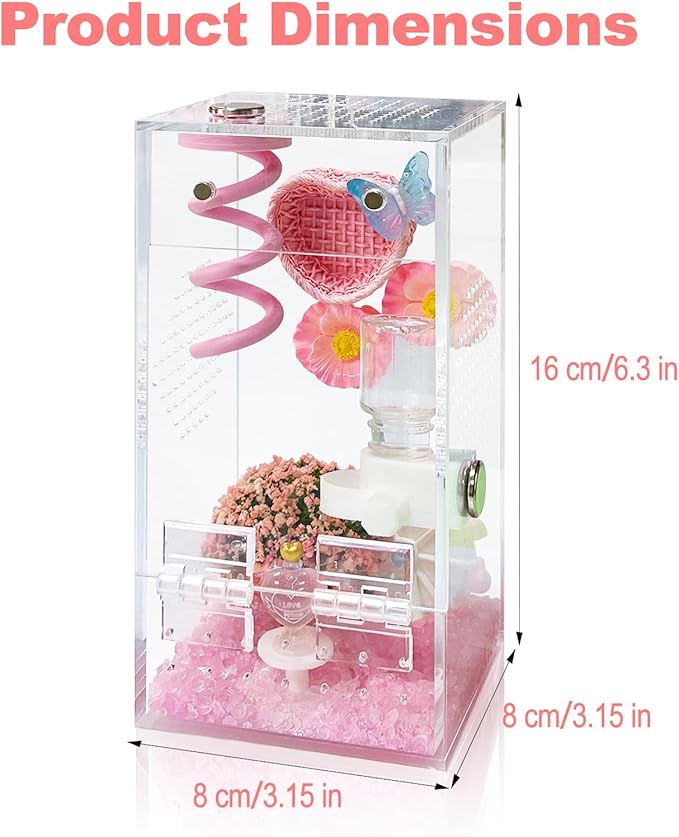 Jumping Spider Enclosure,DIY Insects Habitat,Small Reptile Terrarium Glass House Accessories Set,with Jumping Platform Hide Water Feeder (Pink B)