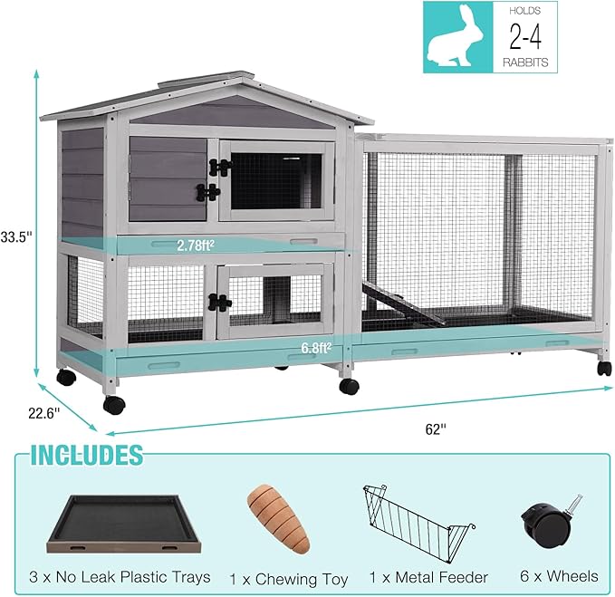 Suumerpety 62" Rabbit Hutch with Chew-Proof Ramp & Waterproof Roof - Indoor/Outdoor Bunny Cage, 2-Story Design, 6 Lockable Caster Wheels & Dual Pull-Out Trays (Grey)