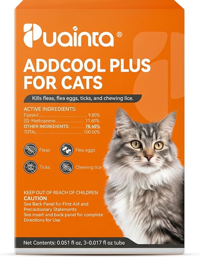PUAINTA Addcool Plus Flea and Tick Prevention for Cats & Kittens, Professional Topical Treatment, 3 Monthly Doses, Fast-Acting Waterproof Cat Flea Drops