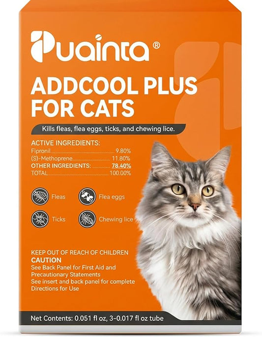 PUAINTA Addcool Plus Flea and Tick Prevention for Cats & Kittens, Professional Topical Treatment, 3 Monthly Doses, Fast-Acting Waterproof Cat Flea Drops