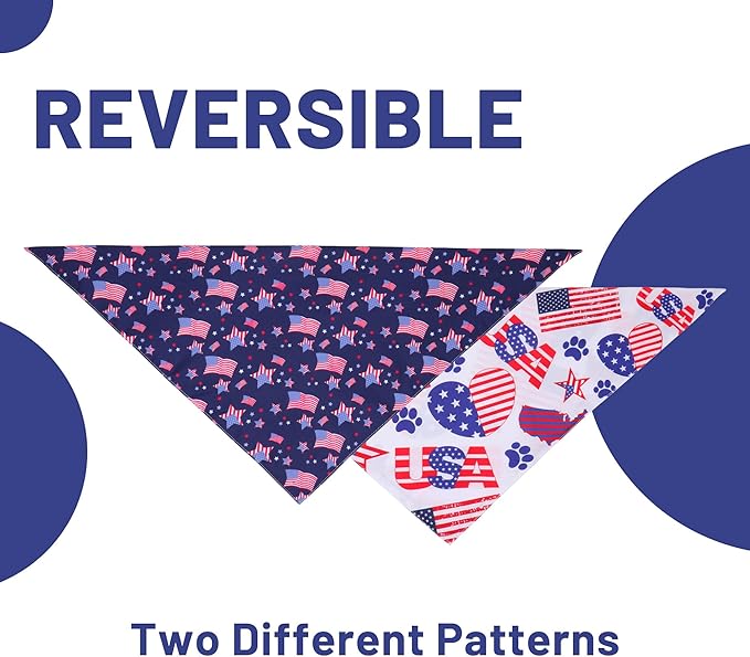 4th of July Dog Bandanas Large 2PCS, American Flag Patriotic Scarf, Independence Holiday Bandana,Premium Durable Triangle Reversible USA Bandana for Medium Large Dogs Cats