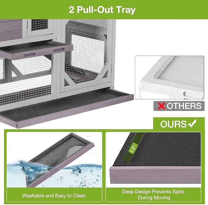 Rabbit Hutch Indoor Outdoor, 2-Story Bunny Cage with Wheels, Wooden Rabbit House with Leakproof Trays, Rain Cover, Guinea Pig Cages with Chew-Proof Ramp (Grey)