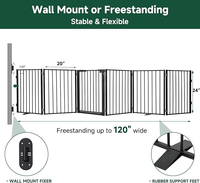 Snagle Paw Full Metal Freestanding Dog Gate with Door, 120” W x 24” H Pet Gate with Support Feet for Doorways, Stairs and Hallways, Portable Dog Fence for Indoor Use(24" 6 Panel, Black)