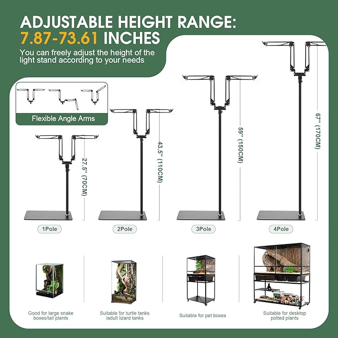 MECESOR Dual Reptile Lamp Stand,15.7-74.3 Inch Height Adjustable Reptile Light Stand,360° Sewing Flexible Arms,Heat Lamp Stand for Reptiles Tank,Terrariums,Amphibian Cages&Plants