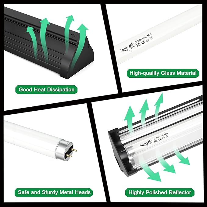 UVB Light for Reptiles Bearded Dragon, T8 UVB Reptile Light Fixture HO UVB Bulb Lighting Combo Kit 10.0 15W UVA UVB Reptile Light Bulb Terrarium Lamp Tube Bar for Snake Gecko Turtle Lizard, 18 Inch