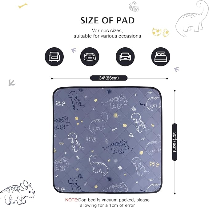 IEUUMLER Washable Pee Pads for Dogs, 2 Pack Non-Slip & Waterproof Whelping Pad, Reusable Puppy Potty Training With Fast Absorbent for Playpen EU007 (Gray Dinosaur, 30"X34"-2pcs)