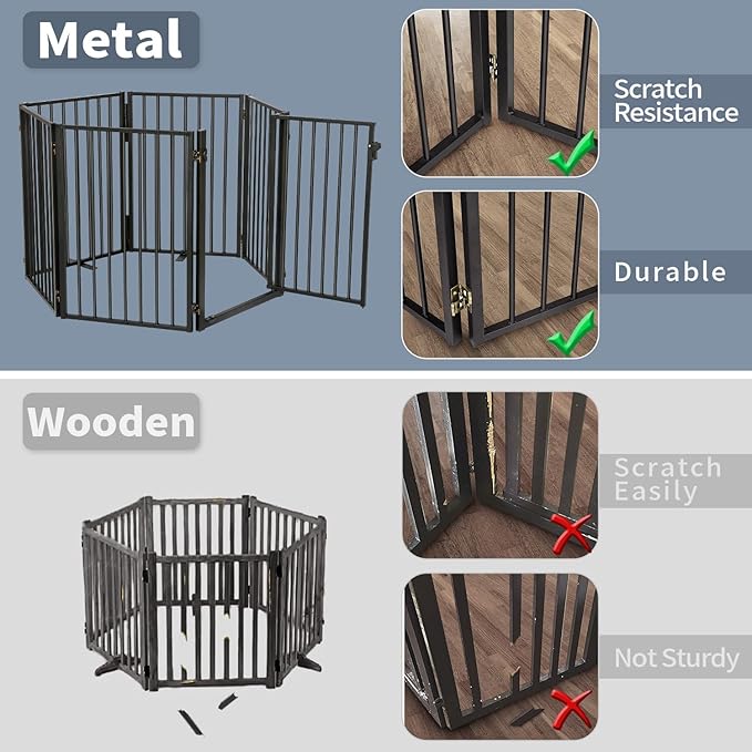 Metal Freestanding Dog Gates with Door for Outdoor Indoor,120'' Extra Wide 32'' Tall Free Standing Dog Gate for Doorways,Large Openings,Deck,Yard,Porch,Foldable Pet Fence(Black,6 Panels)