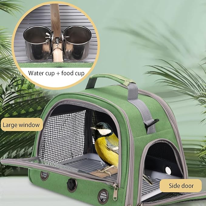 Parrot Carrier Parrot Travel Cage Panoramic View Breathable with Perch Removable Tray Food Cup Standing Net for Conures Parakeet Budgie (Grey)