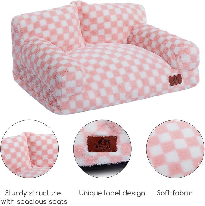 Hollypet Fluffy Dog Cat Bed Pet Couch Beds Plush Soft Warming Washable Puppy Bed for Small Medium Dogs and Large Cats, Pink and White, 24" L x 18" W x 10" Th