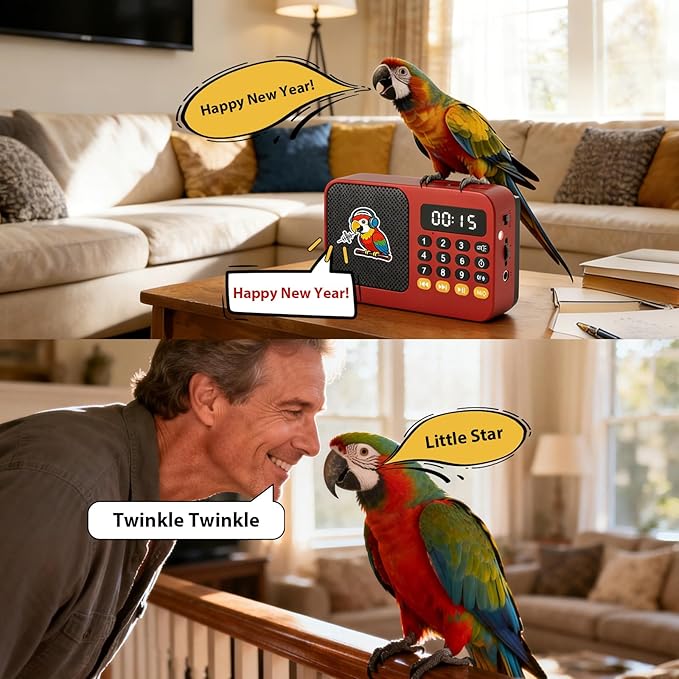 Parrot Talking, Whistling & Singing Training Player – 134 Professional Audio Tracks with Loop Playback &Self-Custom Audio, Includes Training Guide for Beginners & Busy Individuals (Red)