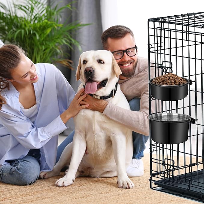 Kennel Water Bowl Hanging, 2 Pack Stainless Steel Dog Bowls for Crate No Spill, Large Pet Cage Bowls for Medium/Large Dog Cat Rabbit Ferret Guinea Pig