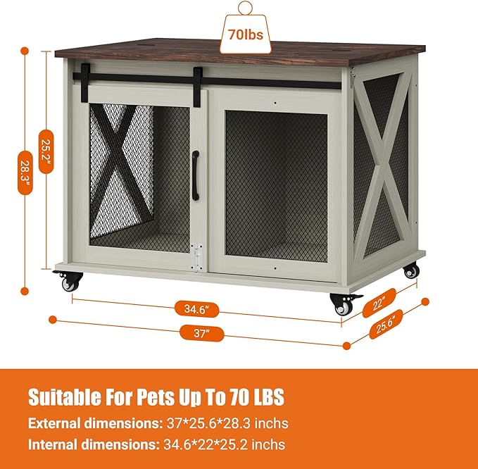 GarveeLife 37" Dog Crate Furniture, Side End Table, Farmhouse Dog Crate with Sliding Barn Door, Flip Top Wooden Dog Kennel with Wheels and Movable Divider, Indoor Dog Cage House for Medium Dogs
