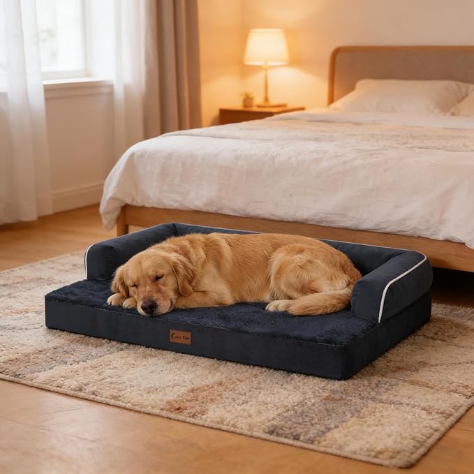 Orthopedic Dog Beds for Large Sized Dogs, Waterproof Egg Crate Foam Large Dog Couch Beds with Comfy Bolster 36x27Inch, Washable Pet Beds with Removable Cover and Nonskid Bottom, Navy Blue