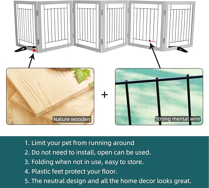 ZJSF Freestanding Dog Gate Indoor, Foldable Dog Fence for Doorways,Hallways or Stairs, Sturdy Wood Extra Wide Pet Gate with Support Feet,Grey,24 "Height-6 Panels