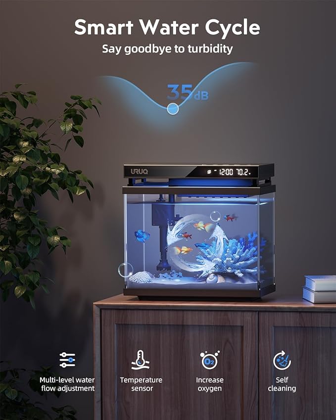 Fish Tank Smart Aquarium Kit: 2 Gallon UHD Glass Silent Water Pump Self Cleaning Multi-Layer Filtration System - Temperature Sensing 7-Color Lighting for Small Fish Betta Room Desktop Decor - Black