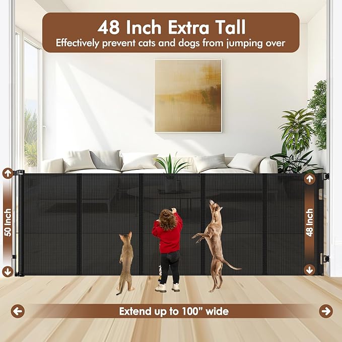 Reinforced 48" Extra Tall X 100" Extra Wide Retractable Baby Gate for Large Openings Extra Tall Dog Gates for Doorways Extra Long Baby Gate Mesh Large Dog Gate Indoor Pet Gate for Cats, Black