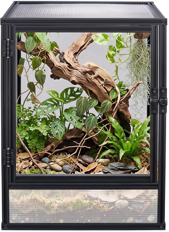 30 Gallon 18x18x24 Tall Terrarium, Aluminum Frame Gecko Tank with Hollow Polycarbonate Side Panels, Mesh Top, Locking Door for Crested Gecko Chameleon