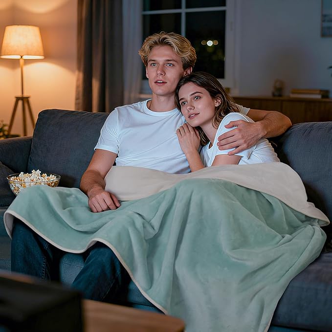LOOBANI Waterproof Blanket for Bed: Reversible Soft Flannel Queen Bed Blanket 80" x 90", Waterproof Dog Blankets for Large Dogs, Spill-Proof Cover for Furniture Protection, Movie Time, Green