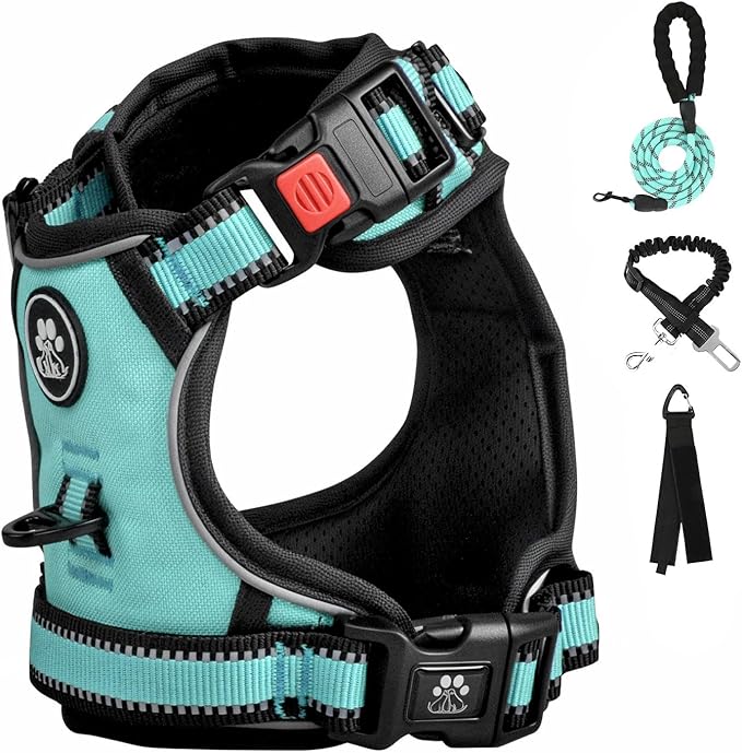 FURRYFECTION Plaid Dog Harness for Large Dogs, Reflective No Pull Adjustable Pet Vest with Front Clip, Leash, Easy Control Handle and Seat Belt, Turquoise, L