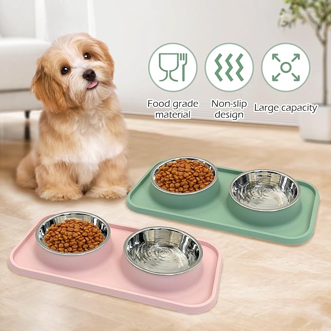 BNOSDM 2 Pcs Double Dog Food Bowls, Stainless Steel Small Dog Food and Water Bowls with Non-Spill Plastic Mat, Pet Cat Feeder Dish Set for Puppy Cats Kitten, Pink