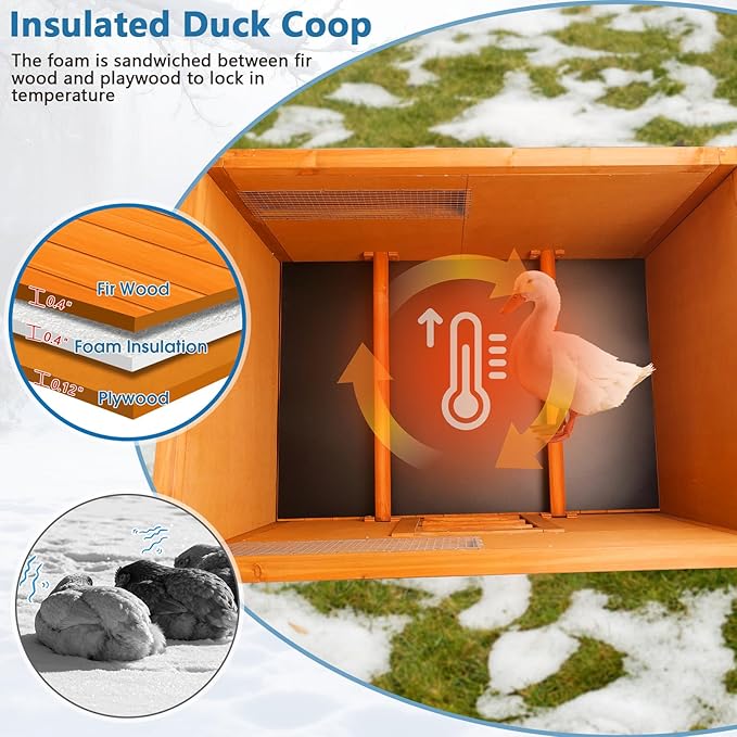 FunXplore Insulated Duck Coop Weatherproof Wooden Outdoor Warm Duck House for Outside Small Animal Pet Hutch with Larger Windows Openable Asphalt Roof Elevated Legs