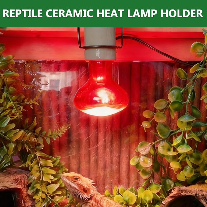 Reptile Light Fixture,Bearded Dragon Heat Lamp Holder Bracket with Thermometer,Pet Heating Light Ceramic Socket,Lamp Fixture for Amphibian,Gecko,Iguana,Lizard,Snake,Turtle (Deep-U)