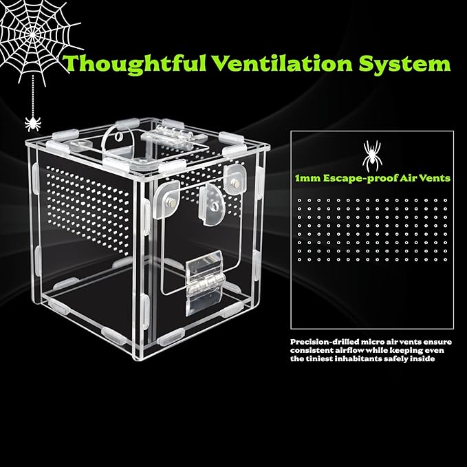 Jumping Spider Enclosure, Small Reptile Terrarium for Tarantula Hermit Crab Praying Mantis, Acrylic Insect Habitat with Magnetic Front & Top Opening (4.52" x 4.52" x 4.52")