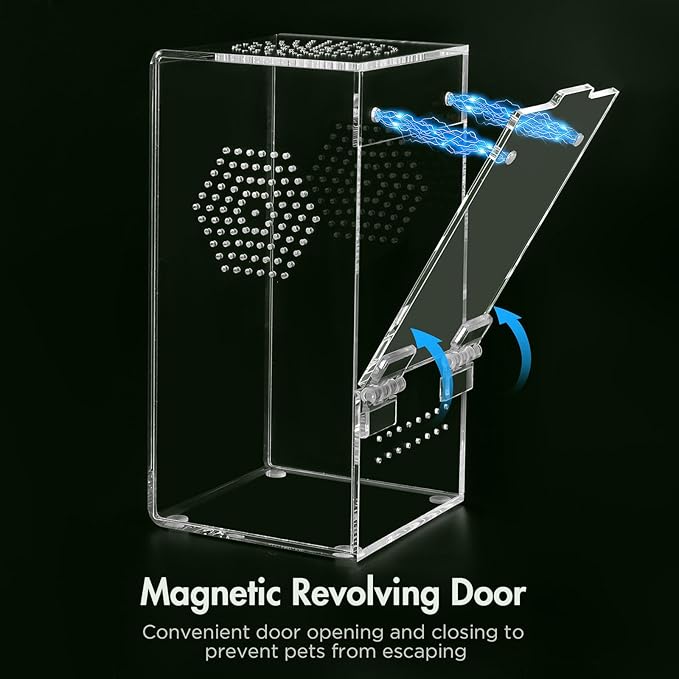 Pre-Assembled Jumping Spider Enclosure, Acrylic Terrarium with Magnetic Door & All-Side Ventilation, Habitat for Spiderling, Mantis, Tarantula, Snail, 3.5"×3.5"×7" (Tweezer & Temp Sticker Included)