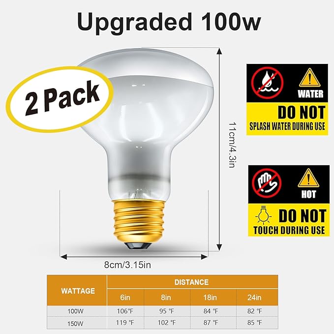 2Pack Reptile Heat Lamp, 100W Reptile Heat Emitter Infrared Basking Spot Light, UVA Daylight Heat Lamp Bulbs for Chickens Coop Reptiles Pets Brooder Use