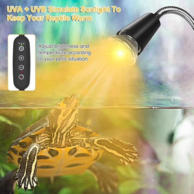 Reptile Heat Lamps, 360 Rotatable Clamp on Dimmable UVA UVB Basking Spot Light Simulated Sunlight with Timing and 2Pcs E27 Bulbs for Aquarium Lizard Turtle Amphibians (US Plug)