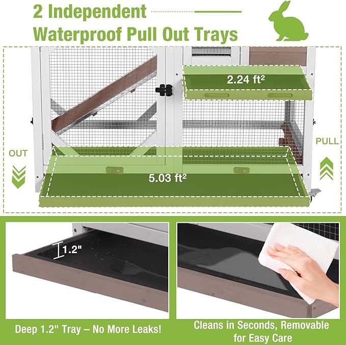 Gutinneen 2-Story Rabbit Hutch Bunny cage Wooden Rabbit Cage Indoor/Outdoor with Chew-Proof Ramp, 2 Leak-Proof Pull-Out Trays, Lockable Wheels for Rabbits, Guinea Pigs, Small Animals (Brown and White)