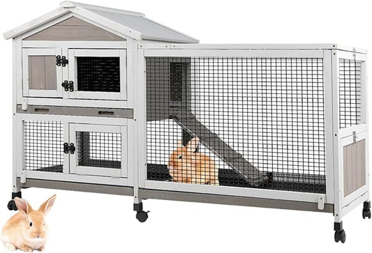 2-Story Rabbit Hutch Outdoor with Wheels, Weatherproof Indoor Bunny Cage with Anti-Chew Metal Frame Ramp, 3 Pull-Out No-Leak Trays, Waterproof Roof, Small Animals Cage