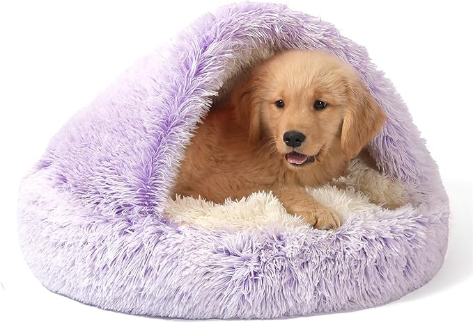 NOYAL Round Hooded Donut Dog Bed for Small & Medium Pets - Plush Fluffy Anti-Anxiety Cat Cave Bed with Cover