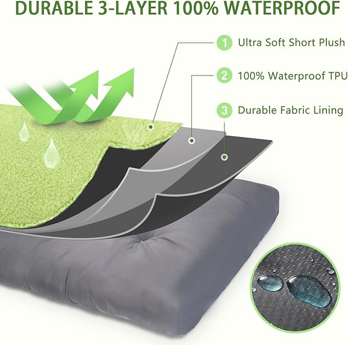 Dog Crate Bed Waterproof Deluxe Plush Dog Beds with Removable Washable Cover Anti-Slip Bottom Pet Sleeping Mattress for Large, Medium, Jumbo, Small Dogs, 41 x 27 inch, Green