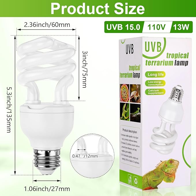 Reginary 4 Pcs UVB Reptile Light 15.0 13w UVB Bulb for Desert Tropical & Sub-Tropical Reptiles Compact Fluorescent Lamp, Ideal for Chameleons, Lizards, Tortoises, Snakes, Iguanas & Turtles