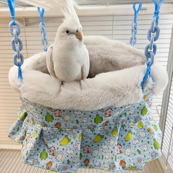 2 in 1 Warm Bird Carrier Bag, Bird Hammock Bed for Cage, Winter Travel Bag, Portable Parrot Outing Bag for Lovebird, Budgie, Conure, Quaker, Small Medium Birds (Blue,Medium)