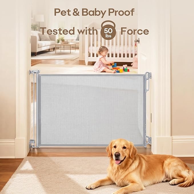 SPACEANY Retractable Baby Gate for Stairs & Doorways - 55" Wide Portable Safety Gate | Fits Baseboards, Easy to Use Indoor/Outdoor | Mesh Gate for Dogs, Puppies, Gray
