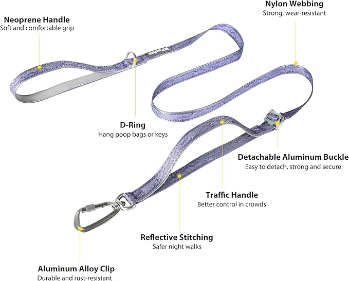 Dog Leash and Collar, Dog Seat Belt for Car, Reflective Nylon, Metal Buckle, IP68, Padded Handle Leash, Durable and Comfortable, for Small Medium Large Dogs (Lavender Purple, M)