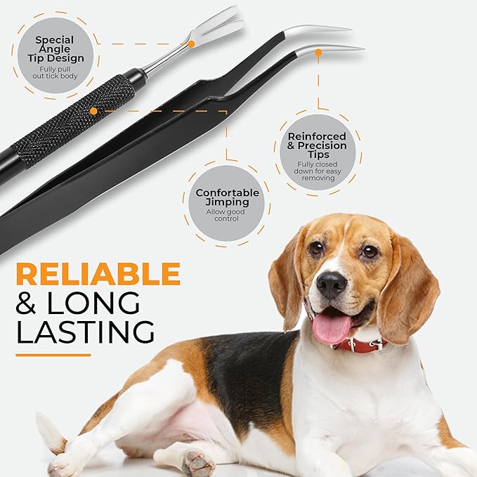 AKOSN Premium Tick Removal Tool, Perfect Tick Remover for Dogs Cats &Humans, Safe Tick Control Puller, with Precision Fine Point Tip Curved Tweezers Set, Meet Various Needs, Stainless Steel- 2 Sets