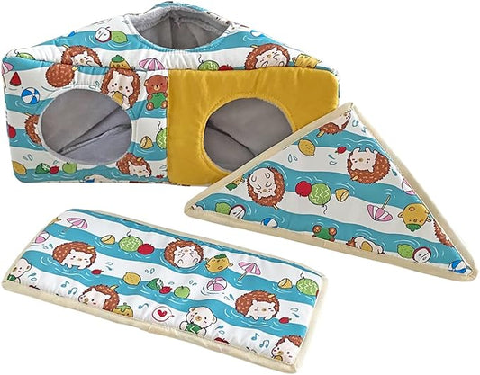 Hedgehog Fleece Corner Hideout Cave Collapsible Pet Play Toy Tunnel Tube Warm House Hidey Hut for Sugar Glider Ferret Hamster Small Animal Beds (Blue/Yellow)