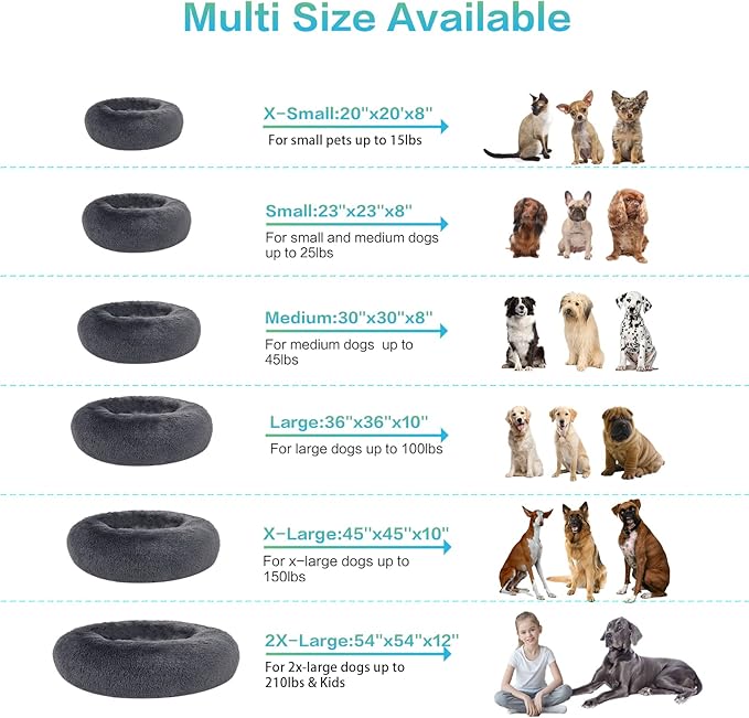 SAVFOX 45 inches Calming Donut Dog Bed - 3X Durable Plush Faux Fur, Machine Washable & Non-Slip, Fits up to 150 lbs, Dark Grey